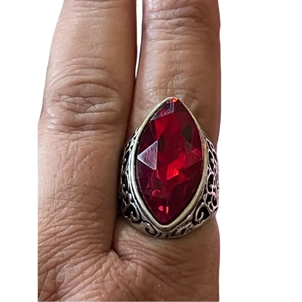 NWT silver tone red marquise scroll design US size 9